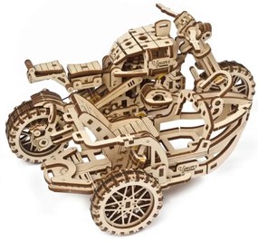 Ugears - 3D drevenené mechanické puzzle Motorka scrambler s vozíkom