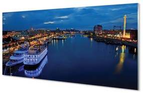 Obraz na skle Loď mora mesto na nočnej oblohe 120x60 cm
