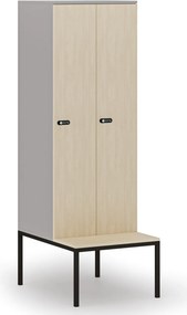 Drevená šatníková skrinka S4 s lavičkou, 2 oddiely, 1871 x 600 x 500/800 mm, demont, mechanický kódový zámok, sivá/breza