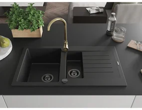 Mexen Matias, granitový drez 900x505x200 mm, 1,5-komorový a zlatá batéria Telma, čierna, 6502-77-670200-50-B