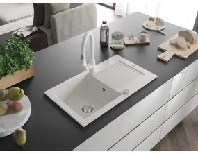 Mexen Pablo, 1-komorový granitový drez 752x436x161 mm a drezová batéria Elia, biela, 6510-20-670101-20