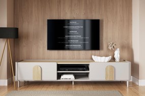 TV stolík Amilio 220 cm so zásuvkou - kašmír / olejovaný dub / úchytky svetlý dub