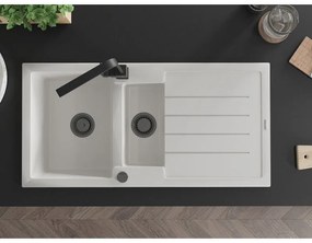 Mexen Andres, granitový drez 1000x500x200 mm, 1,5-komorový, biela s čiernym sifónom a čierna drezová batéria Rita, 6515-20-670300-70