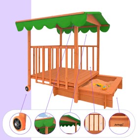 Pieskovisko s verandou HAPPY, 130x130x143cm, hnedá/zelená Jurhan