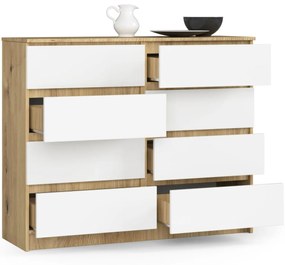 Komoda Kuba 120 cm 8 zásuviek dub artisan/biela