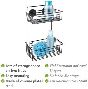 Čierna nástenná dvojposchodová polica do kúpeľne Wenko Vacuum-Loc® Pavia