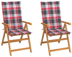 Záhradné stoličky 2ks s červenými kockovanými podložkami tíkový masív