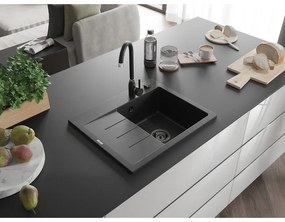 Mexen Ben, 1-komorový granitový drez 600x500x190 mm, pravý + čierny sifón, čierna, 6523605000-77-B