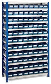 Regál MIX s 88 modrými plastovými boxami REACH, 1740x1000x400 mm