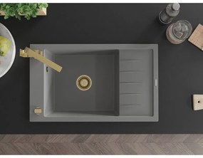 Mexen Elias, granitový drez granitový 795x480x200 mm, 1-komorový, šedá so zlatým sifónom a zlatá drezová batéria Rita, 6511-71-670300-50