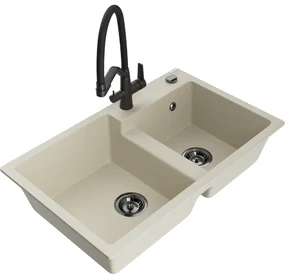 Mexen Tomas, 2-komorový granitový drez 800x500x190 mm  a kuchynská batéria Duo, béžová, 6516-69-671701-70-B