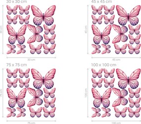 Motýle svetloružové 13 ks textilné prelepiteľné nálepky na stenu hárok 20 x 20 cm