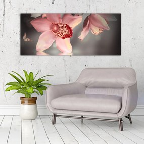 Obraz - Kvety a motýľ (120x50 cm)