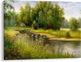 Obraz - Rieka pri lese, olejomaľba (70x50 cm)