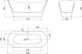 Mexen Celia, voľne stojaca vaňa 170 x 75 cm, biela, grafitový prepad, 52331707500-66