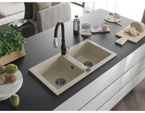 Mexen Mario, 2-komorový granitový drez 820x436x161 mm a drezová batéria Savita, béžová, 6504-69-672601-70