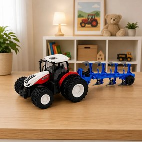 LEAN Toys Poľnohospodársky traktor s viacradovým pluhom, diaľkovo ovládaný RC, červený, mierka 1:24