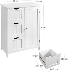 Kúpeľňová skrinka, s 3 zásuvkami a 1 dvierkami, biela