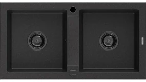 Mexen Mario granitový dvojkomorový drez 820 x 436 mm, Čierna/Strieborná metalíza, Sifón Čierna - 6504822000-73-B
