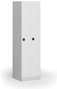 Kovová šatníková skrinka zúžená, 2 oddiely, 1850 x 500 x 500 mm, demont, zámok s čítačkou RFID kariet, laminované dvere, biela
