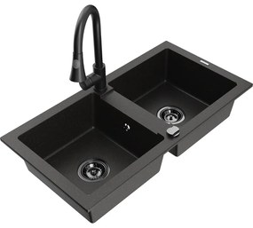 Mexen Mario, 2-komorový granitový drez 820x436x161 mm a drezová batéria Elia, čierna-zlatá metalíza, 6504-75-670101-70-B