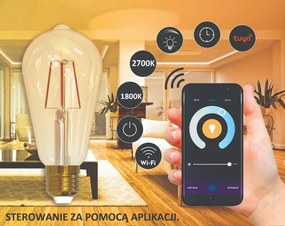 LED žiarovka E27 ST64 5,5W 470lm 1800K-2700K 320° vlákno GOLDLUX (Polux) Smart WiFi TUYA