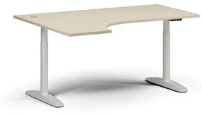 Výškovo nastaviteľný stôl OBOL, elektrický, 675-1325 mm, rohový ľavý, doska 1600x1200 mm, biela zaoblená podnož, breza