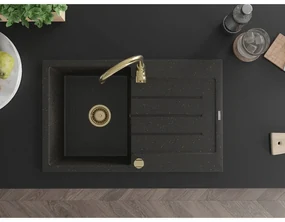 Mexen Bruno, granitový drez 795x495x200 mm, 1-komorový, čierna so zlatou metalízou a zlatým sifónom, 6513791010-75-G