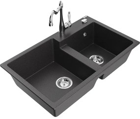 Mexen Tomas, granitový drez 800x500x190 mm, 2-komorový a drezová batéria Carla, čierna škvrnitá, 6516-76-670700-00
