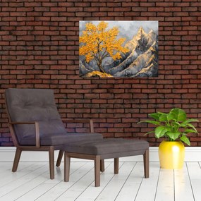 Sklenený obraz – Zlatý strom v horách (70x50 cm)