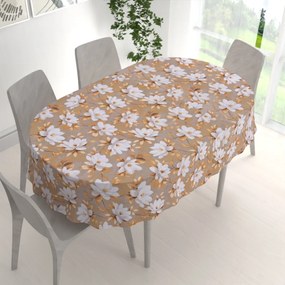 Biante Bavlnený oválny obrus Sandra SA-717 Biele kvety magnólie na hnedosivom 120x180 cm