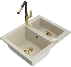 Mexen Carlos, 1,5-komorový granitový drez 582x475x177 mm a drezová batéria Flora, béžová, 6518-69-670401-57-G