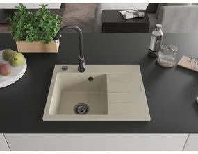Mexen Ben, 1-komorový granitový drez 600x500x190 mm, ľavý + čierny sifón, béžová, 6522605000-69-B