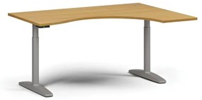 Výškovo nastaviteľný stôl OBOL, elektrický, 675-1325 mm, ergonomický pravý, doska 1600x1200 mm, sivá zaoblená podnož, buk