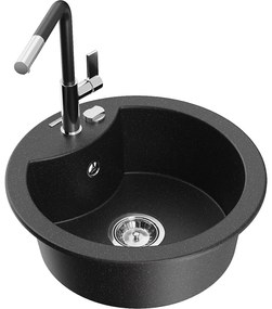 Mexen Diego, 1-komorový granitový drez 488x488x167 mm a drezová batéria Flora, čierna-strieborná metalíza, 6512-73-670401-07