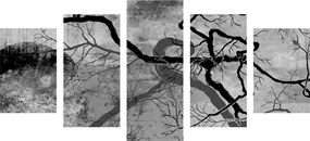 5-dielny obraz surrealistické stromy v čiernobielom prevedení