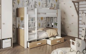 Detská poschodová posteľ z masívu borovice GASPAR so šuplíkmi a regálom - 200x90 cm - biela/dub shetland