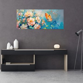 Obraz - Motýľ a kvety, olejomaľba II. (120x50 cm)
