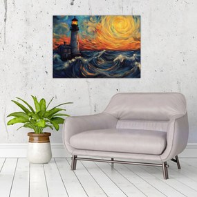 Sklenený obraz - Maják vo vlnách (70x50 cm)