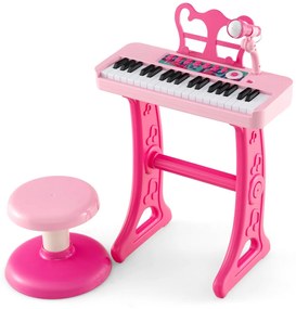 37 kláves detská klávesnica detské piano elektronické s mikrofónom na stoličke a stojanom na noty ružové