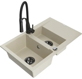 Mexen Gaspar, 1,5-komorový granitový drez 737x475x177 mm a drezová batéria Aster, béžová, 6507-69-73450-70-B
