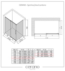 CERANO - Sprchovací kút Lantono L/P - 8 mm - čierna matná, grafitové sklo - 140x90 cm - posuvný, CER-CER-8050BD7529