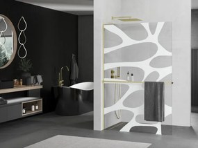 Mexen Kioto+ L, sprchová zástena Walk-In s poličkou a vešiakom 100 x 200 cm, 8mm číre sklo biely vzor, zlatý lesklý profil,800-100-123-50-97