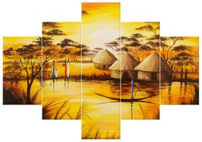 Gario Ručne maľovaný obraz Africká dedina - 5 dielny Rozmery: 150 x 70 cm