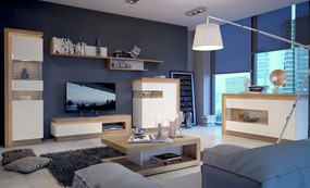 Komoda s presklením Lyon, dub riviéra/biely lesk, s osvetlením