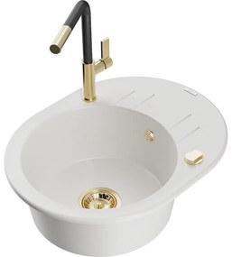 Mexen Kevin, 1-komorový granitový drez 586x458x190 mm a drezová batéria Flora, biela, 6517-20-670401-57-G