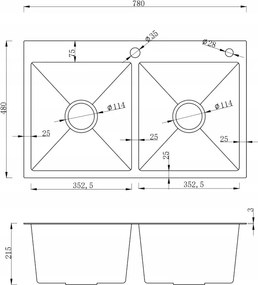 Erga HD, 2-komorový oceľový drez 780x480x215 mm, brúsená oceľ, ERG-MLS-LEX7848