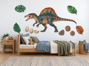 Spinosaurus s vajcami a fosíliami realistické dinosaurie nálepky do chlapčenskej izby na stenu arch 46 x 29 cm