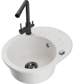 Mexen Kevin, drez granitový 586x458x190 mm, 1-komorový a čierna Duero batéria, biela, 6517-20-671600-70