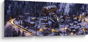 Obraz - horské zimné mestečko (s hodinami) (90x30 cm)